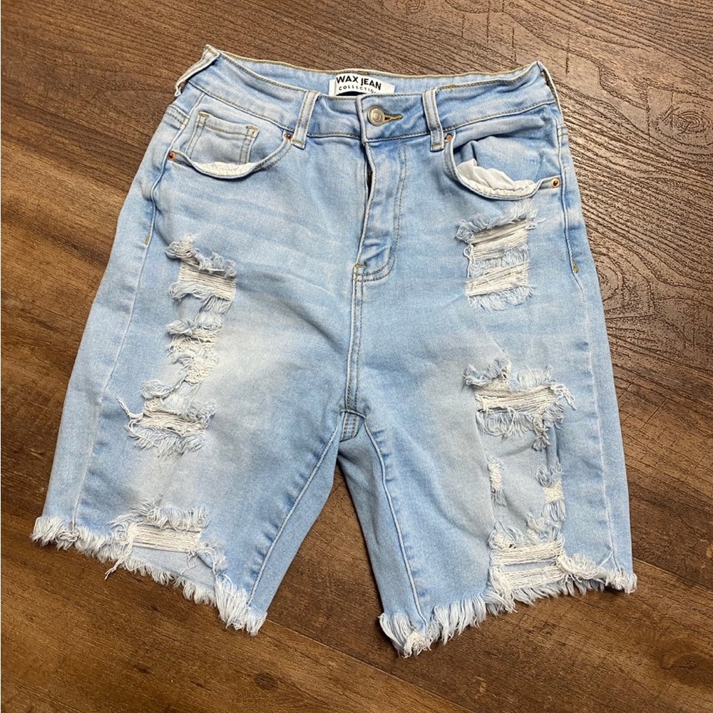 Wax Jean Light Blue Ripped Denim Shorts